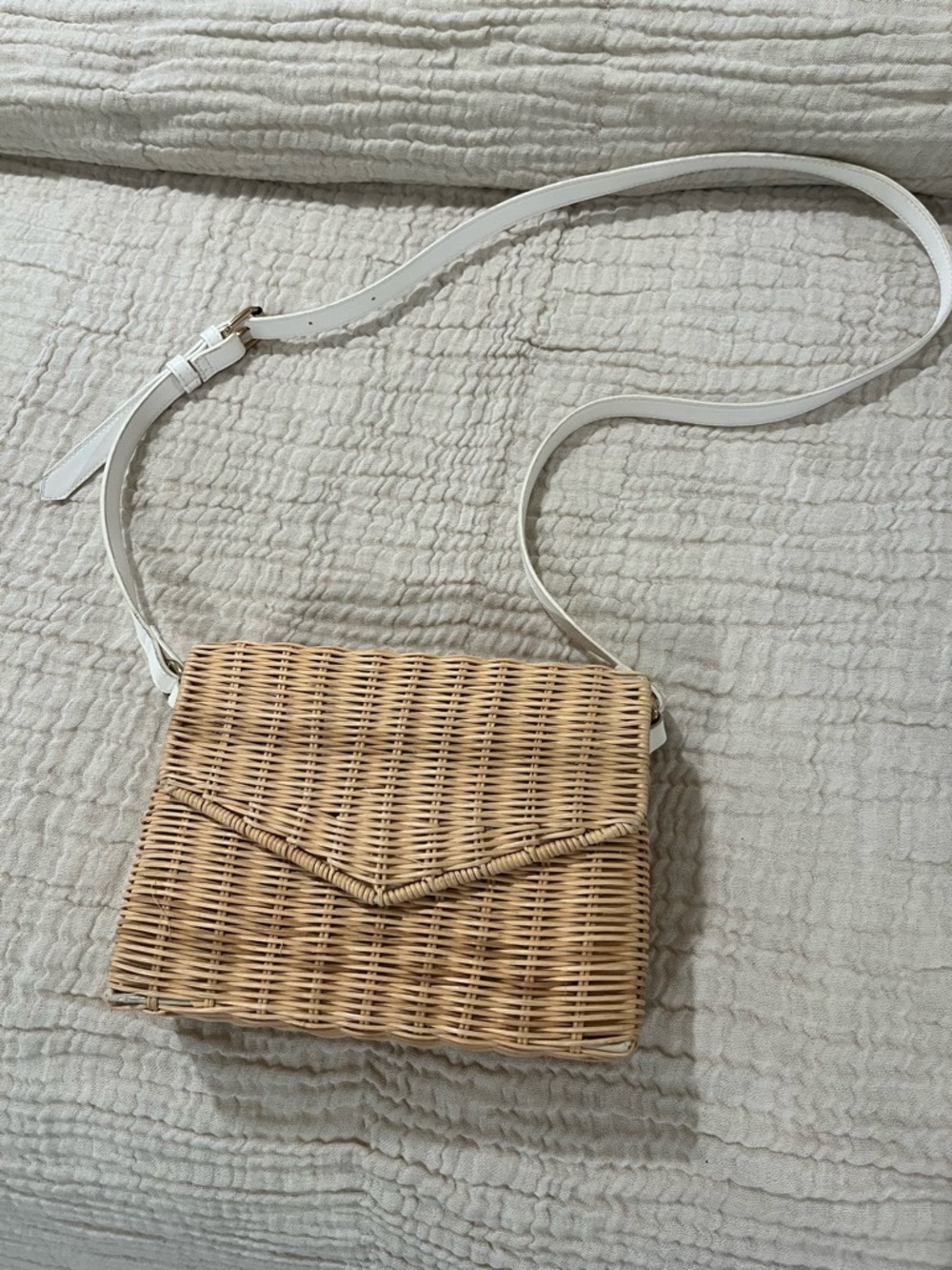 Woven Rattan Crossbody Bag with White Leather Strap